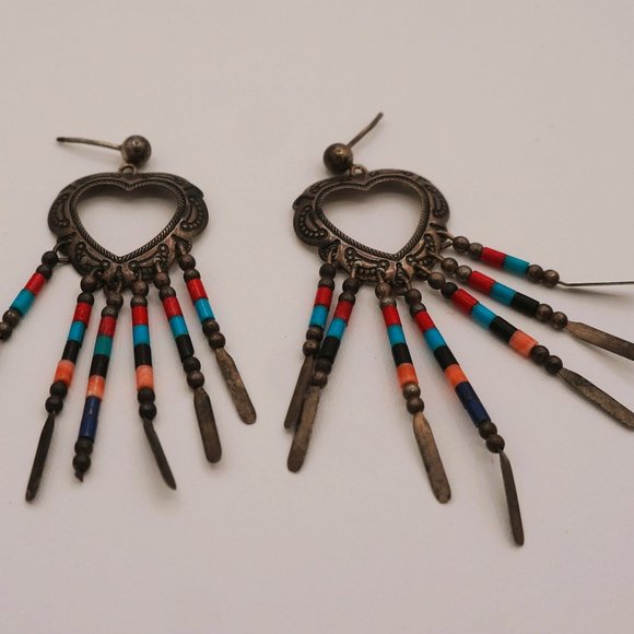 Sterling Silver Heart Feather Turquoise Coral Bead Earrings by QT - Picture 3 of 8